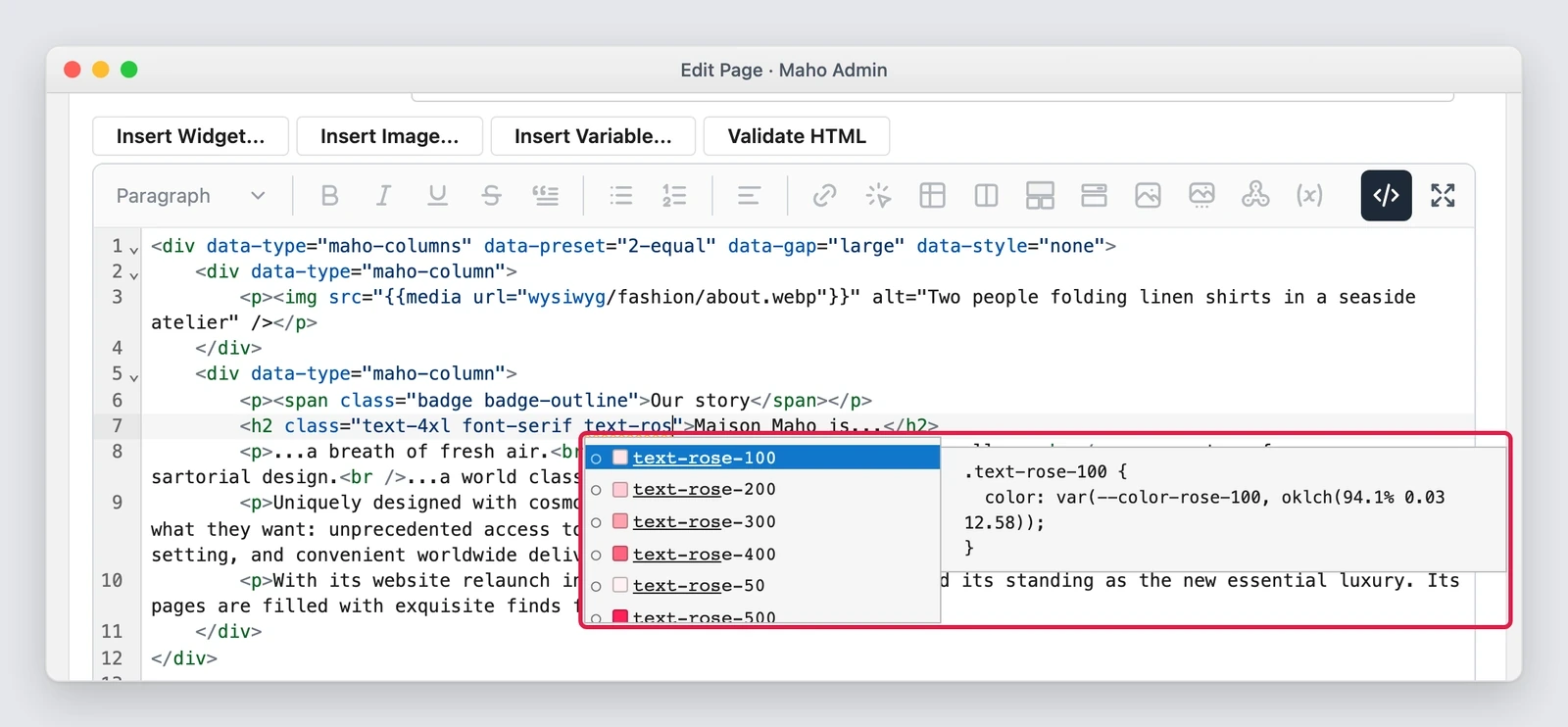 Il completamento delle classi nel codice HTML, con il campione di colore e il CSS della classe nel pannello