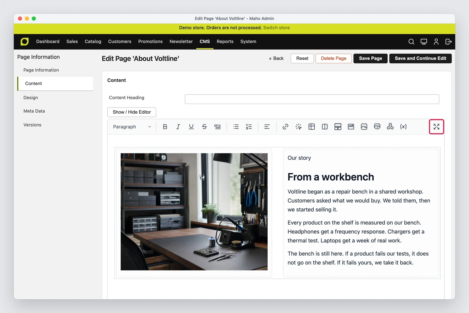 Editor di una pagina CMS con il pulsante che apre il page builder a schermo intero evidenziato nella barra degli strumenti