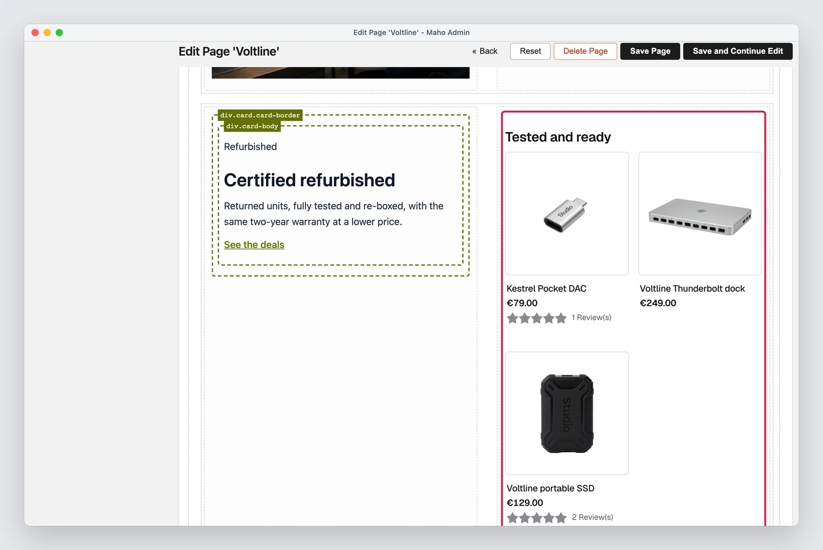 Editor con la lista prodotti che mostra immagini, nomi, prezzi e recensioni dei prodotti