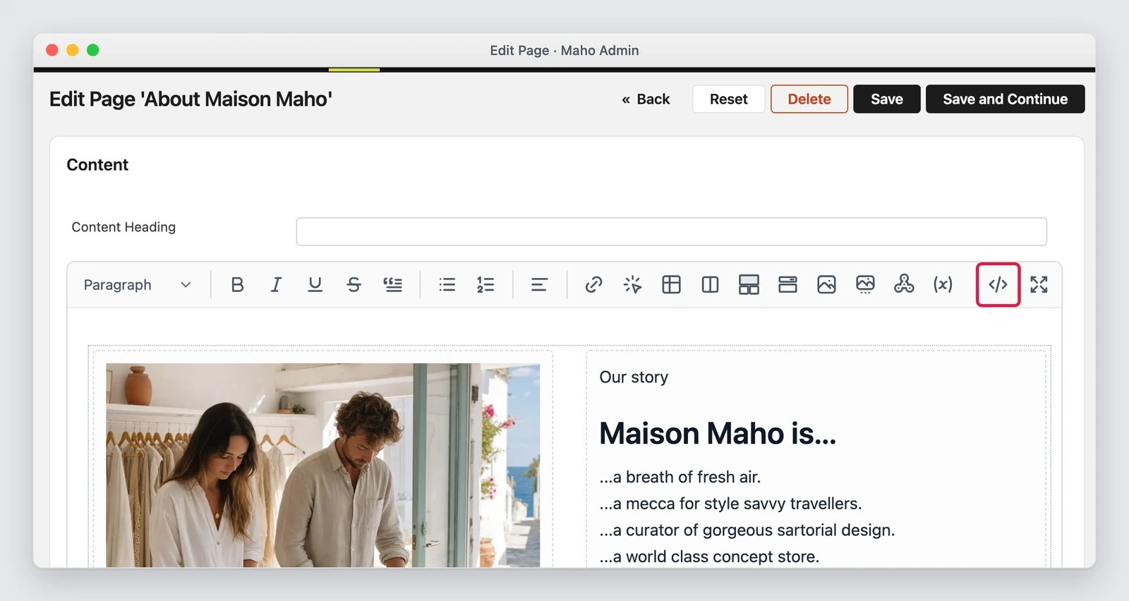 Il pulsante Source nella barra degli strumenti dell’editor dei contenuti