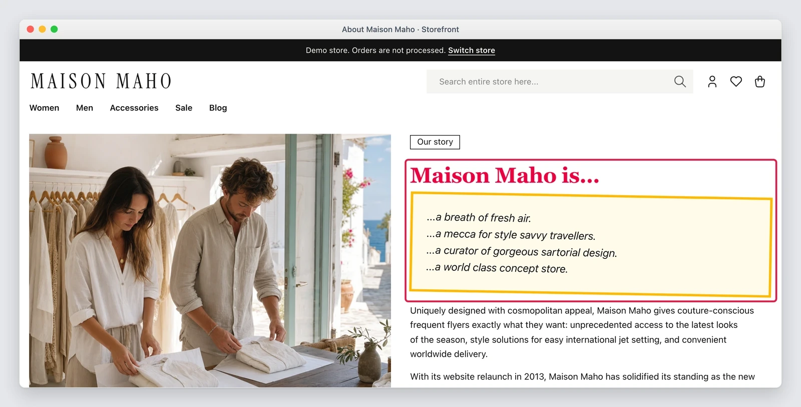 La pagina dello storefront che mostra le classi nuove dopo il salvataggio