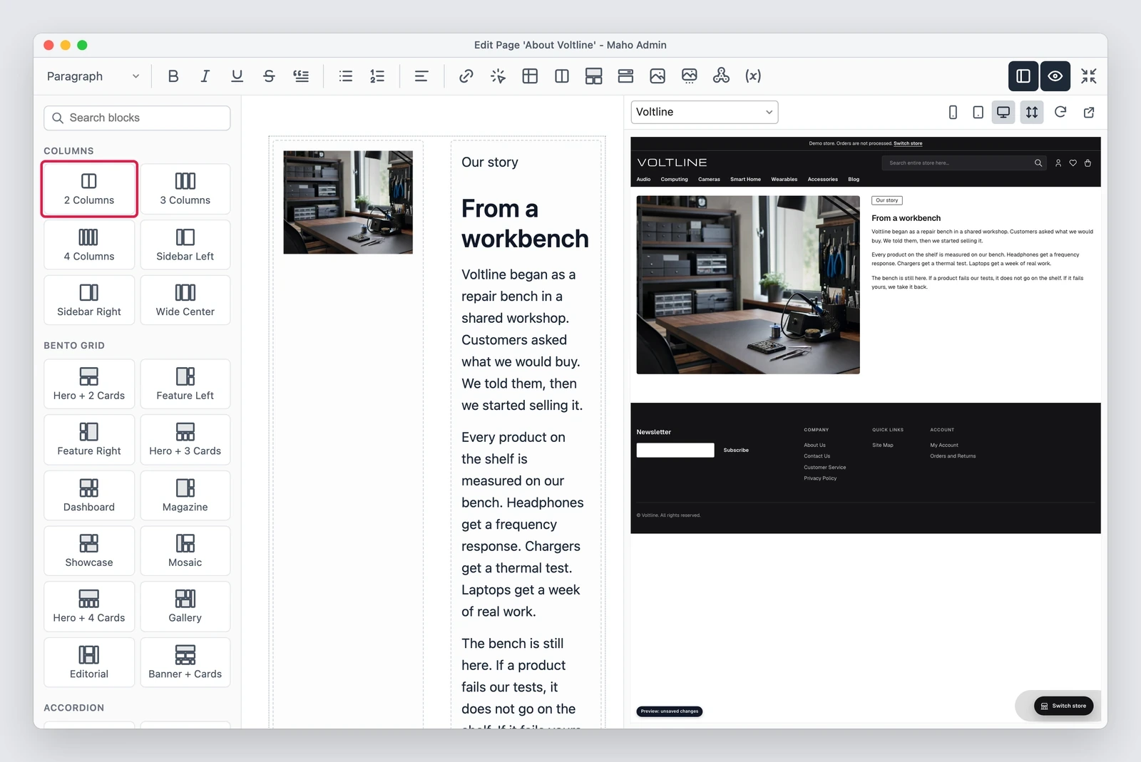 Page builder a schermo intero: pannello dei blocchi a sinistra, contenuto al centro e anteprima dello storefront a destra
